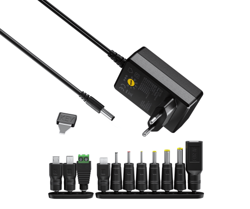Universele voeding, 3V-12V, 2,25A, max. 27 Watt incl. 11 verschillende adapters, zwart, DINIC doos met Euro gat. adapters, zwart, DINIC doos met Euro gat